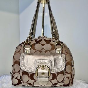 COACH Signature Khaki & Gold Metallic Leather Dome Satchel Shoulder Bag 11889